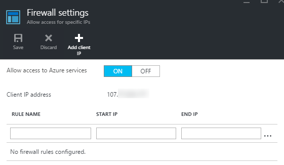 Azure SQL DB firewall showing access is allowed from Azure services but not other IPs