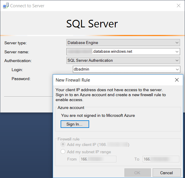SQL Server Management Studio 2016 offering to add your IP to the firewall rules for Azure SQL DB