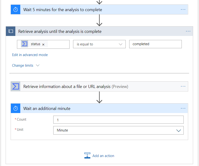Excerpt from the logic app designer showing the Delay action and the Until action with nested VirusTotal and Delay actions
