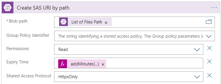 The configuration of the Create SAS URI by path action