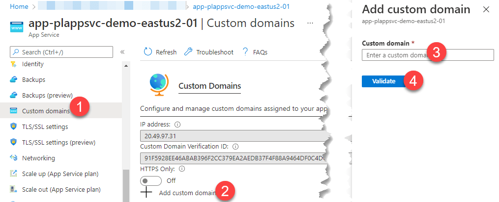 A screenshot of the Azure Portal showing four steps to adding a custom domain in App Service.